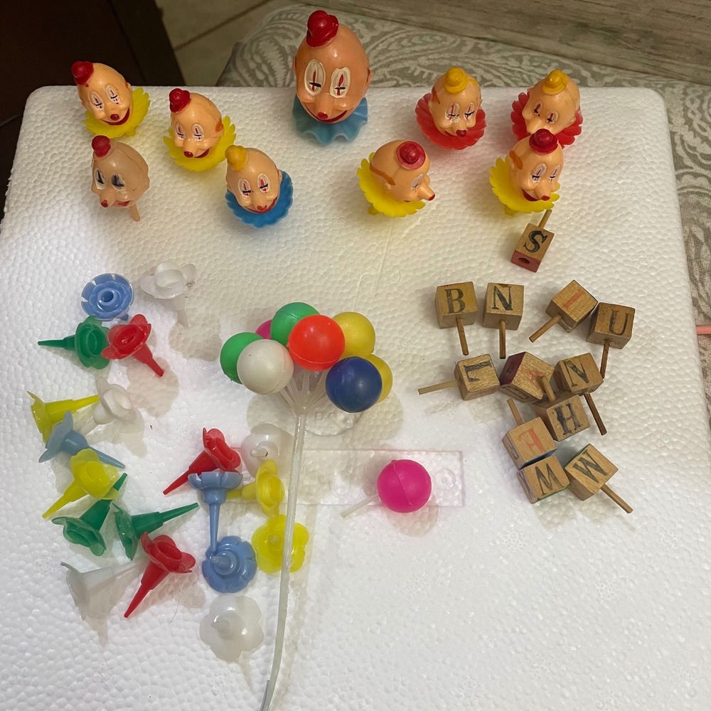 Vintage Cake Decoration Toppers Clowns ABC Blocks Picks Lot Party  candle holder